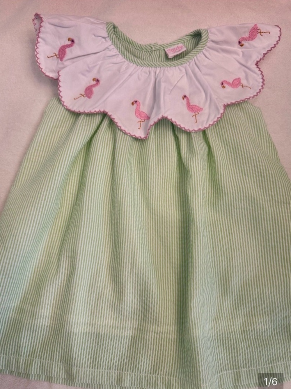 Stitchy Fish Girls Green Seersucker Dress with Pink Flamingo Collar